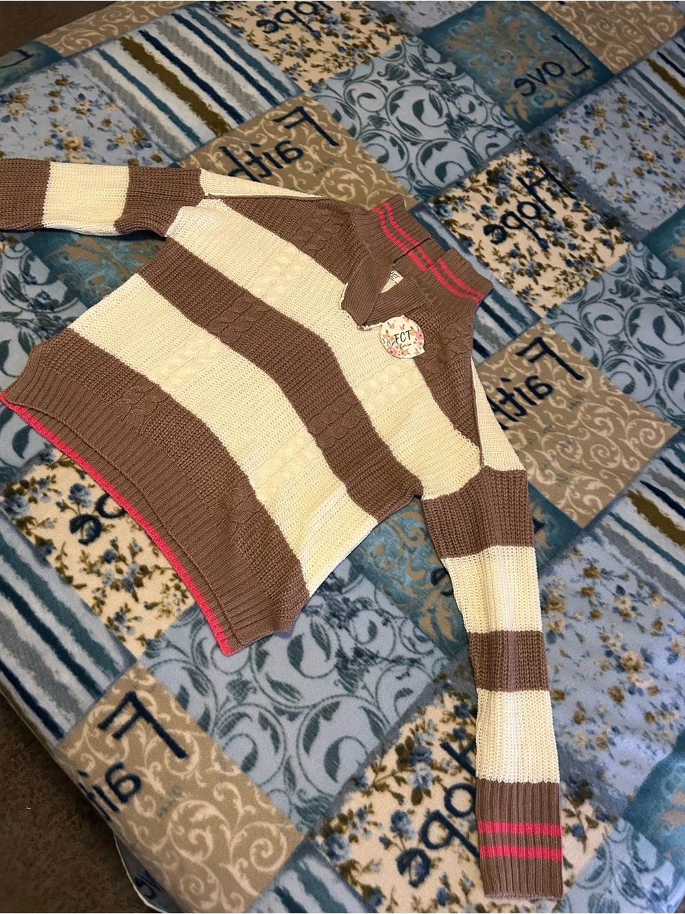 Striped Brown and Cream Knit Pullover with Pink Trim